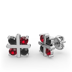 Dört Taşlı Küpe - Siyah zirkon ve garnet 18 ayar beyaz altın küpe #170qrk1