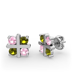 Dört Taşlı Küpe - Pembe kuvars ve peridot 18 ayar beyaz altın küpe #180ldaa