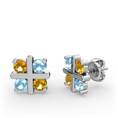 Dört Taşlı Küpe - Sitrin ve akuamarin 8 ayar beyaz altın küpe #18dzylf