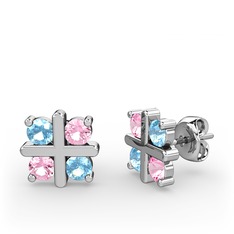 Dört Taşlı Küpe - Akuamarin ve pembe kuvars 14 ayar beyaz altın küpe #198ew05