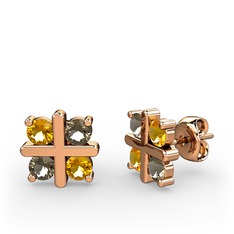 Dört Taşlı Küpe - Sitrin ve dumanlı kuvars 14 ayar rose altın küpe #19szeny