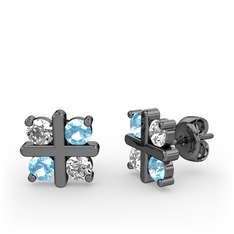 Swarovski ve akuamarin 925 ayar siyah rodyum kaplama gümüş küpe