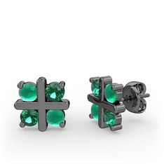 Dört Taşlı Küpe - Kök zümrüt ve yeşil kuvars 925 ayar siyah rodyum kaplama gümüş küpe #1cgp0x4