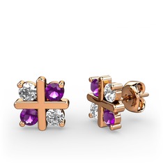 Dört Taşlı Küpe - Beyaz zirkon ve ametist 8 ayar rose altın küpe #1chveil