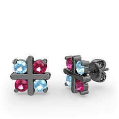 Dört Taşlı Küpe - Akuamarin ve rodolit garnet 925 ayar siyah rodyum kaplama gümüş küpe #1ckk3wx