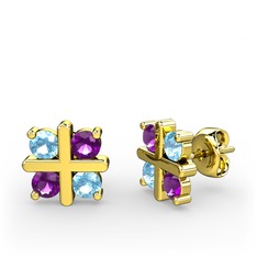 Dört Taşlı Küpe - Akuamarin ve ametist 18 ayar altın küpe #1d6ez5l