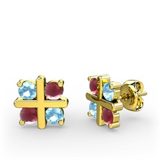 Dört Taşlı Küpe - Akuamarin ve kök yakut 14 ayar altın küpe #1dbzzyr