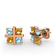 Dört Taşlı Küpe - Akuamarin ve sitrin 18 ayar rose altın küpe #1demel8