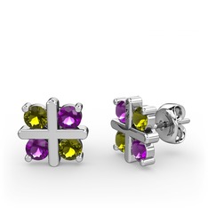 Peridot ve ametist 14 ayar beyaz altın küpe