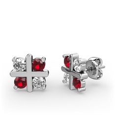 Dört Taşlı Küpe - Beyaz zirkon ve garnet 14 ayar beyaz altın küpe #1f24693