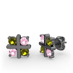 Dört Taşlı Küpe - Peridot ve pembe kuvars 925 ayar siyah rodyum kaplama gümüş küpe #1goqxcj