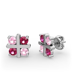 Pembe kuvars ve rodolit garnet 14 ayar beyaz altın küpe