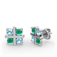 Dört Taşlı Küpe - Akuamarin ve kök zümrüt 8 ayar beyaz altın küpe #1i1tsp5