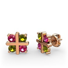 Dört Taşlı Küpe - Rodolit garnet ve peridot 8 ayar rose altın küpe #1j57zo