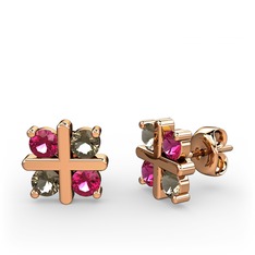 Dört Taşlı Küpe - Rodolit garnet ve dumanlı kuvars 14 ayar rose altın küpe #1khpjgf