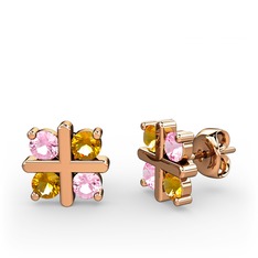Dört Taşlı Küpe - Pembe kuvars ve sitrin 8 ayar rose altın küpe #1kx8kld