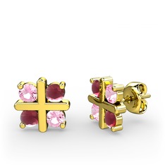 Dört Taşlı Küpe - Pembe kuvars ve kök yakut 14 ayar altın küpe #1lv6bva