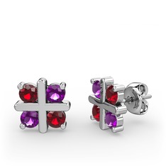 Dört Taşlı Küpe - Garnet ve ametist 18 ayar beyaz altın küpe #1mj4fj0