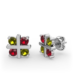 Dört Taşlı Küpe - Peridot ve garnet 8 ayar beyaz altın küpe #1mn58th