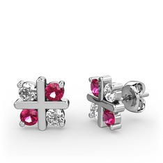 Dört Taşlı Küpe - Pırlanta ve rodolit garnet 14 ayar beyaz altın küpe (0.96 karat) #1mvl1pw