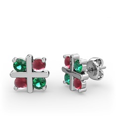 Dört Taşlı Küpe - Yeşil kuvars ve kök yakut 925 ayar gümüş küpe #1o2wmxr