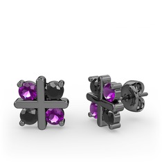 Dört Taşlı Küpe - Ametist ve siyah zirkon 925 ayar siyah rodyum kaplama gümüş küpe #1o5jr7y