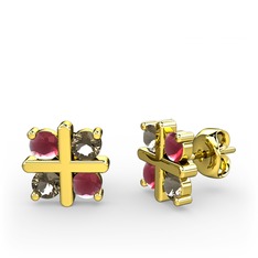 Dört Taşlı Küpe - Kök yakut ve dumanlı kuvars 18 ayar altın küpe #1pk8rcc