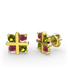 Dört Taşlı Küpe - Peridot ve kök yakut 14 ayar altın küpe #1py4yh6