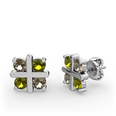 Dört Taşlı Küpe - Dumanlı kuvars ve peridot 18 ayar beyaz altın küpe #1qgnzz4