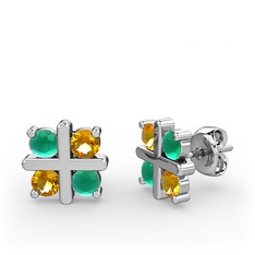 Dört Taşlı Küpe - Kök zümrüt ve sitrin 8 ayar beyaz altın küpe #1sopao