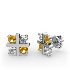 Dört Taşlı Küpe - Sitrin ve beyaz zirkon 8 ayar beyaz altın küpe #1sxbkha