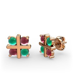 Dört Taşlı Küpe - Kök zümrüt ve kök yakut 18 ayar rose altın küpe #1te1gvn