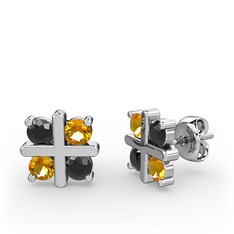 Dört Taşlı Küpe - Siyah zirkon ve sitrin 14 ayar beyaz altın küpe #1u5bboj