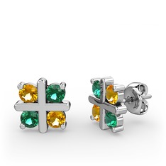 Dört Taşlı Küpe - Sitrin ve yeşil kuvars 14 ayar beyaz altın küpe #1vsjzjt