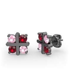 Dört Taşlı Küpe - Pembe kuvars ve garnet 925 ayar siyah rodyum kaplama gümüş küpe #1vwhz15