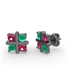 Dört Taşlı Küpe - Rodolit garnet ve kök zümrüt 925 ayar siyah rodyum kaplama gümüş küpe #1x80fui