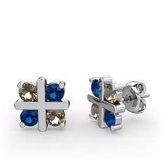 Dört Taşlı Küpe - Dumanlı kuvars ve lab safir 14 ayar beyaz altın küpe #1y2laih