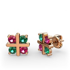 Dört Taşlı Küpe - Rodolit garnet ve yeşil kuvars 8 ayar rose altın küpe #1y9x14y