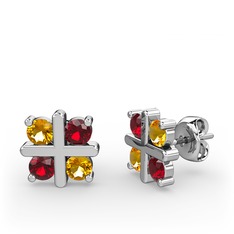 Sitrin ve garnet 8 ayar beyaz altın küpe