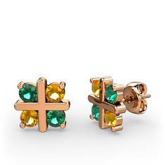 Dört Taşlı Küpe - Yeşil kuvars ve sitrin 14 ayar rose altın küpe #2nfr