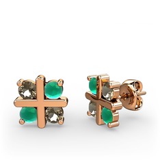 Dört Taşlı Küpe - Dumanlı kuvars ve kök zümrüt 14 ayar rose altın küpe #2rnga0