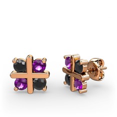 Dört Taşlı Küpe - Siyah zirkon ve ametist 8 ayar rose altın küpe #2zccc9