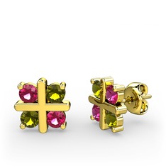 Dört Taşlı Küpe - Rodolit garnet ve peridot 18 ayar altın küpe #3dus2n