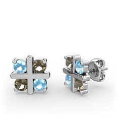 Dört Taşlı Küpe - Akuamarin ve dumanlı kuvars 18 ayar beyaz altın küpe #41bbka