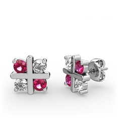 Dört Taşlı Küpe - Rodolit garnet ve beyaz zirkon 8 ayar beyaz altın küpe #44poft