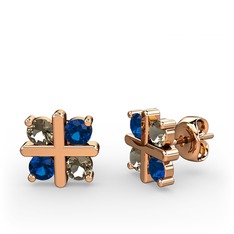 Dört Taşlı Küpe - Dumanlı kuvars ve lab safir 8 ayar rose altın küpe #54zped