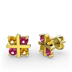 Dört Taşlı Küpe - Sitrin ve rodolit garnet 14 ayar altın küpe #5m0a33