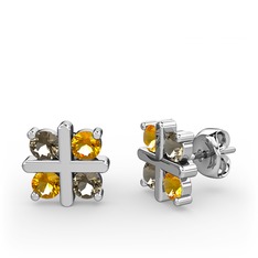 Dört Taşlı Küpe - Dumanlı kuvars ve sitrin 8 ayar beyaz altın küpe #76l060