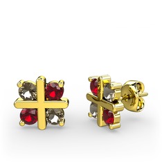 Dört Taşlı Küpe - Dumanlı kuvars ve garnet 18 ayar altın küpe #802837