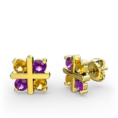 Dört Taşlı Küpe - Sitrin ve ametist 14 ayar altın küpe #8f95jt